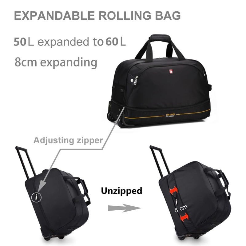 OIWAS 22 inch Rolling Duffle Bag with Wheels, Small Duffel Bag with Wheels Weekend Overnight Travel Carry On Luggage Expandable 50L to 60L Women Men Black - Image 4